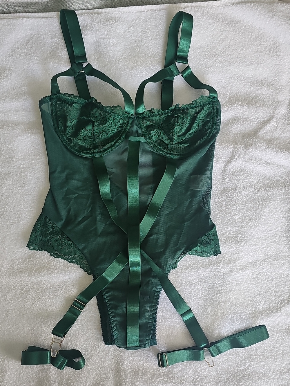 Emerald Green Sheer With Lace Bodysuit with Straps And Waist Belt
